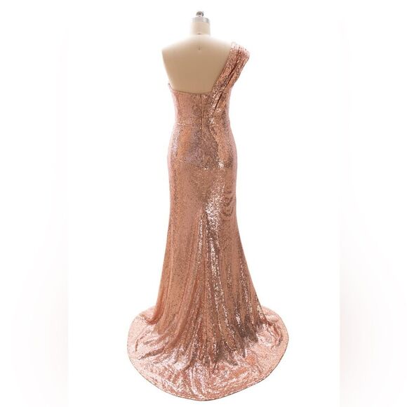 NWT Rose Gold One-Shoulder Sweep/Brush Train Beading Sequins Dresses - Picture 7 of 15